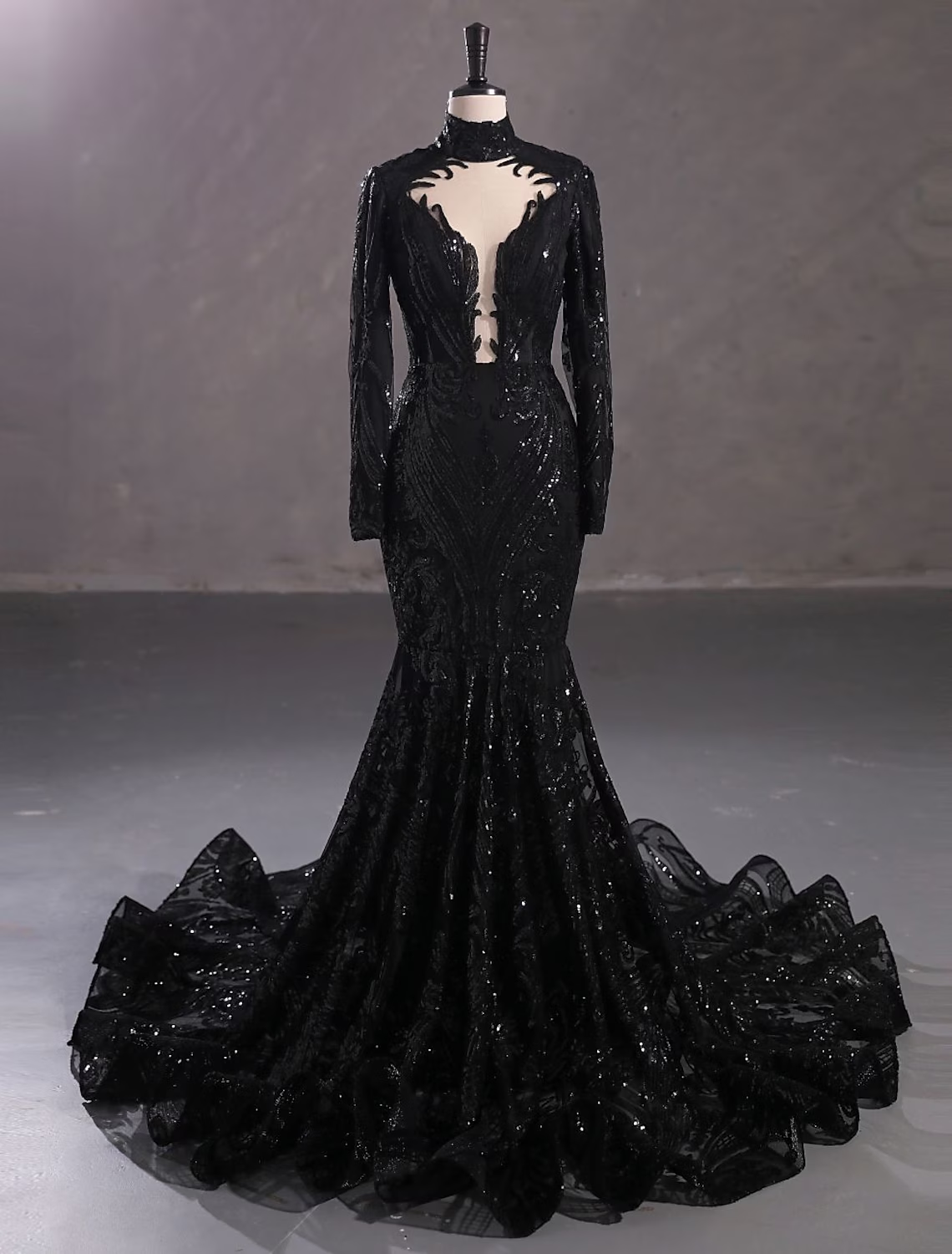 Mermaid / Trumpet Evening Gown Elegant Dress Engagement Court Train Long Sleeve Stand Collar Lace