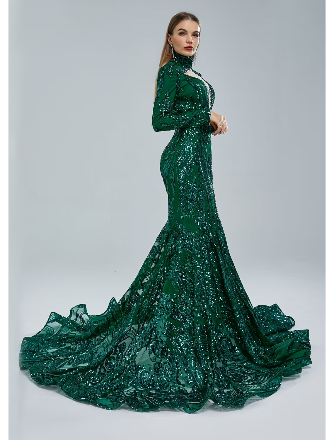 Mermaid / Trumpet Evening Gown Elegant Dress Engagement Court Train Long Sleeve Stand Collar Lace