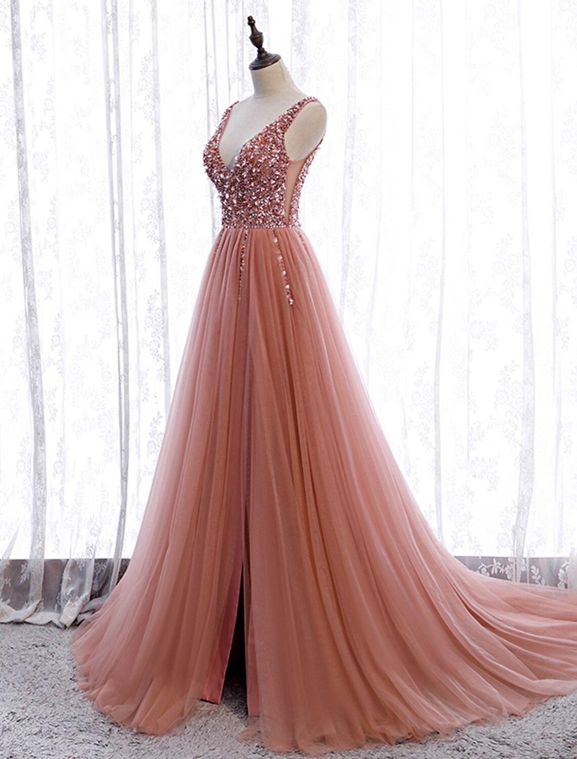 A-Line Prom Dresses Elegant Dress Wedding Guest Party Wear Court Train Sleeveless V Neck Polyester with Pearls