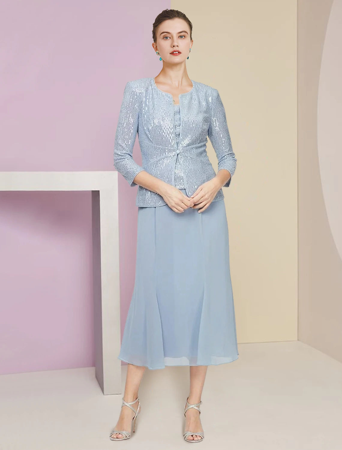 Two Piece A-Line Mother of the Bride Dress Wedding Guest Winter With Jacket 3/4 Sleeve Scoop Neck Tea Length Chiffon Sequined Pleats Sequin Solid Color