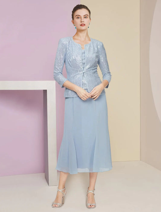 Two Piece A-Line Mother of the Bride Dress Wedding Guest Winter With Jacket 3/4 Sleeve Scoop Neck Tea Length Chiffon Sequined Pleats Sequin Solid Color