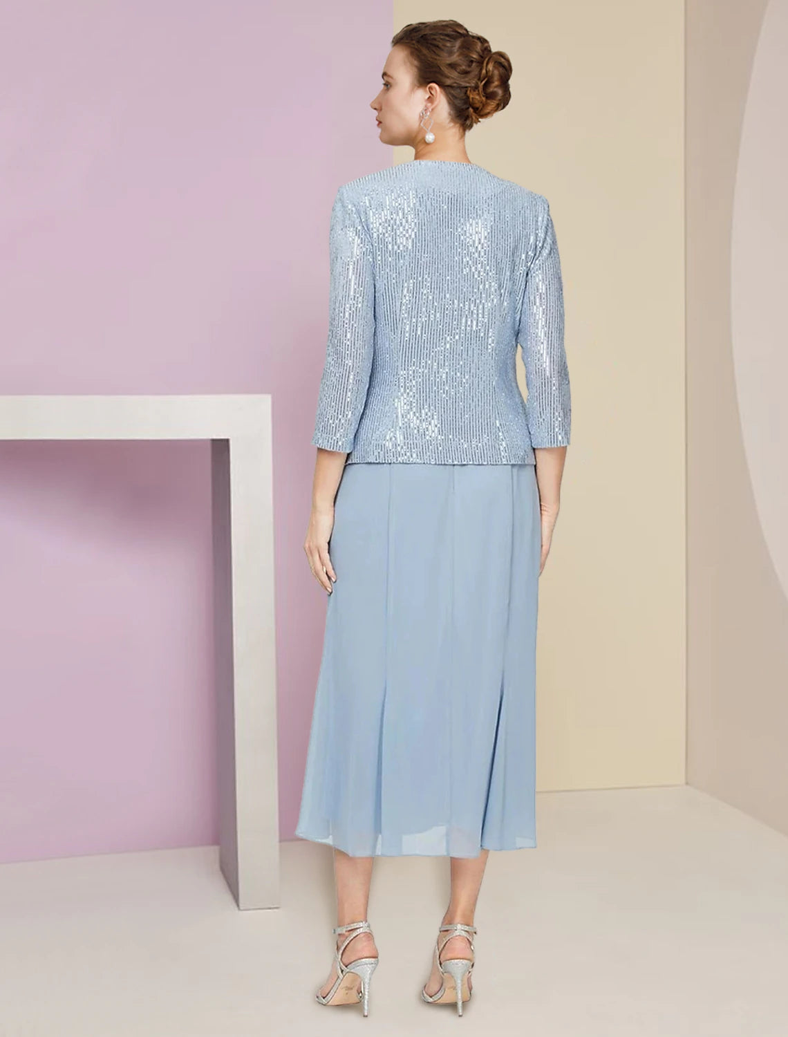 Two Piece A-Line Mother of the Bride Dress Wedding Guest Winter With Jacket 3/4 Sleeve Scoop Neck Tea Length Chiffon Sequined Pleats Sequin Solid Color