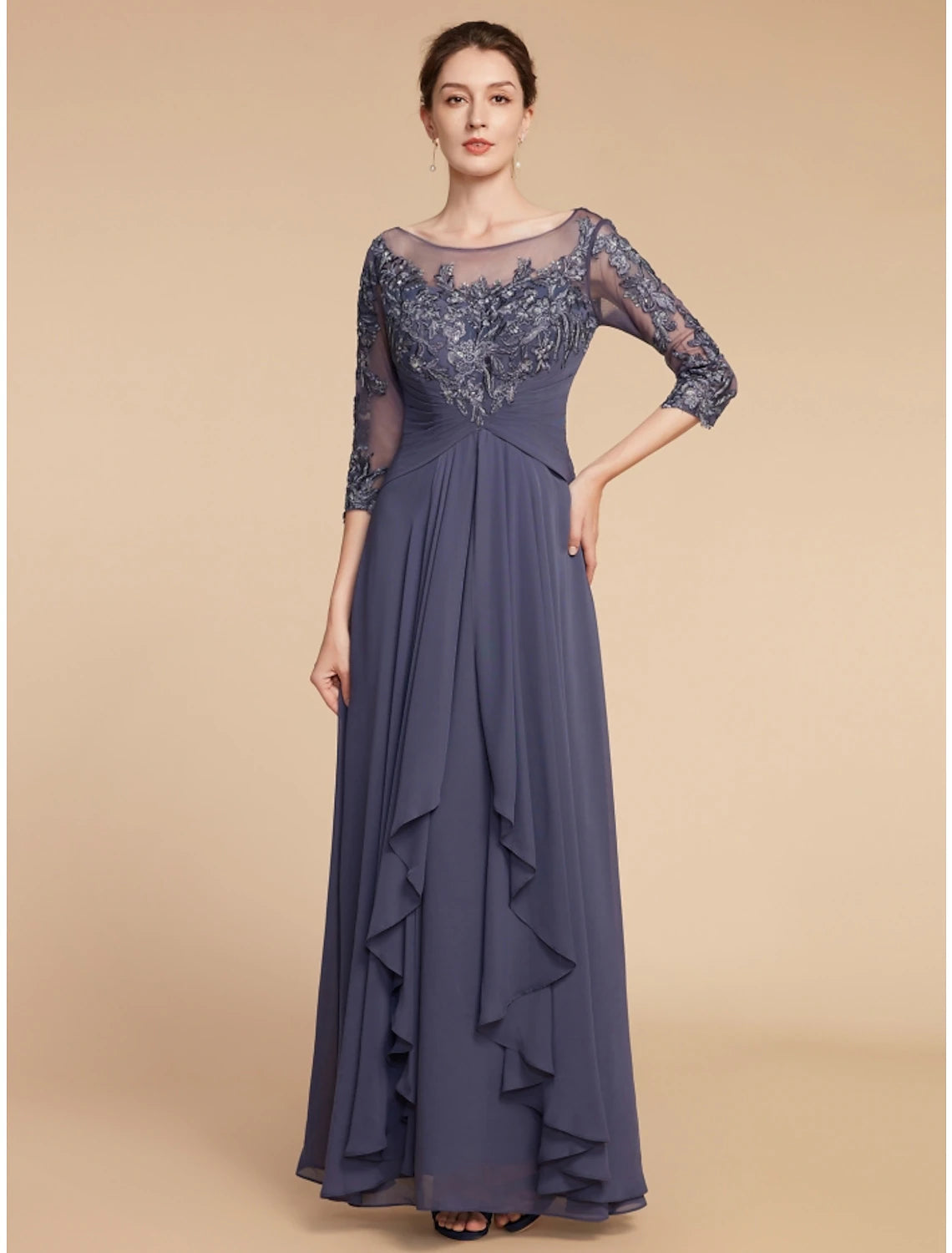 Sheath / Column Mother of the Bride Dress Wedding Guest Elegant Vintage Scoop Neck Ankle Length Chiffon Lace Half Sleeve