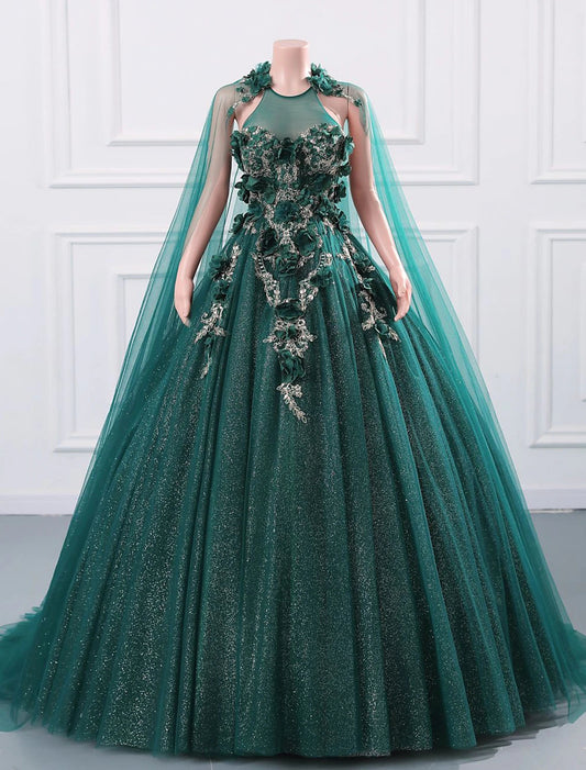 Ball Gown Quinceanera Dresses Elegant Dress Quinceanera Sweet 16 Court Train Sleeveless Jewel Neck Capes Tulle Backless