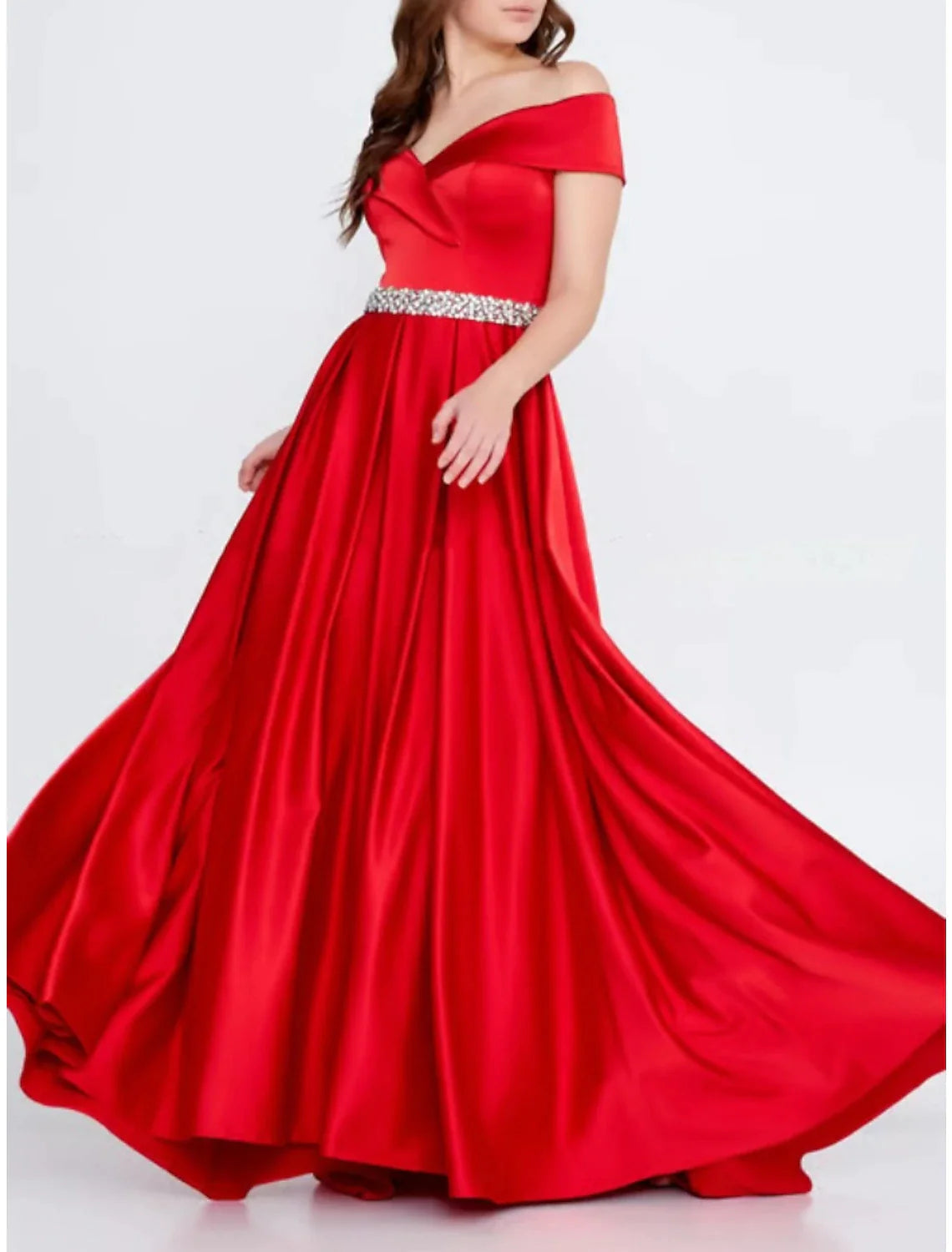A-Line Evening Gown Elegant Dress Formal Sweep / Brush Train Christmas Red Green Dress Sleeveless Off Shoulder Satin