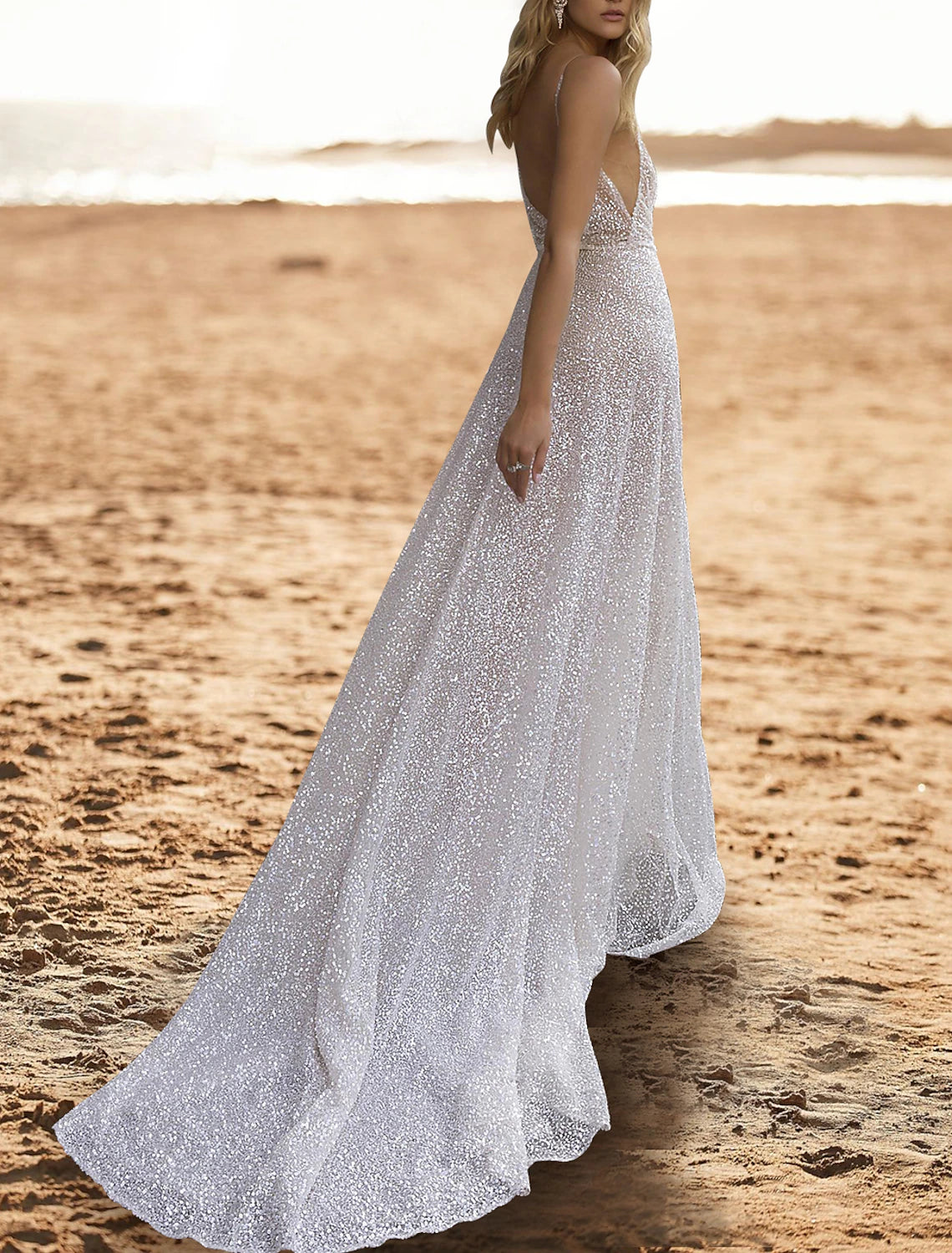Beach Open Back Casual Wedding Dresses A-Line Camisole V Neck Sleeveless Sweep / Brush Train Sequined Bridal Gowns