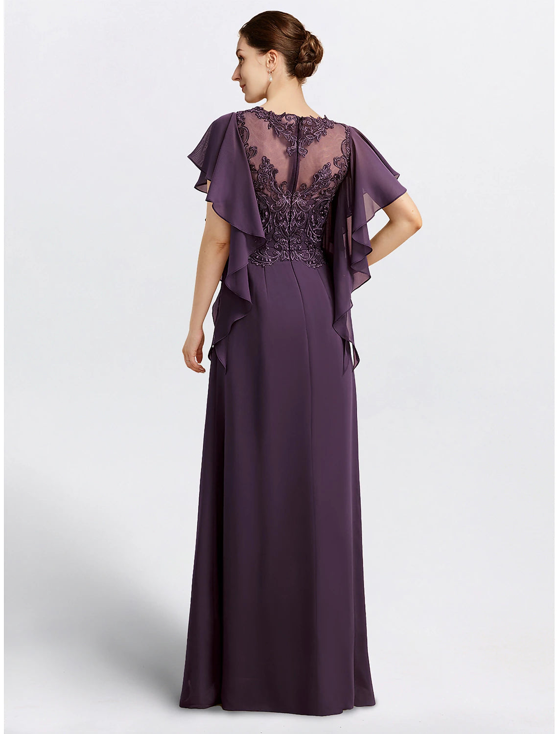 Sheath Mother of the Bride Dress Cape Dress Formal Wedding Guest Elegant Jewel Neck Floor Length Chiffon Short Sleeve