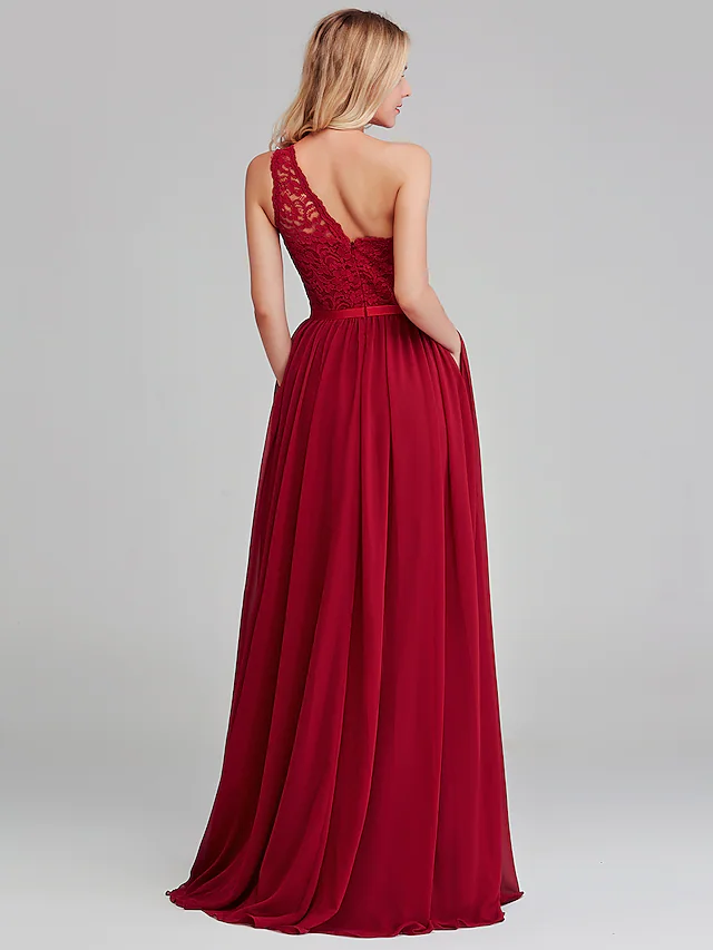 A-Line One Shoulder Long Length Chiffon Lace Bridesmaid Dress with Sash Ribbon Sexy