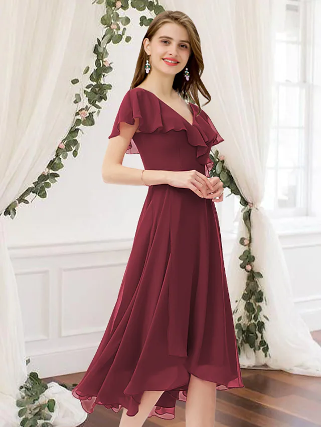 A-Line V Neck Knee Length Chiffon Bridesmaid Dress with Ruching Pure Color