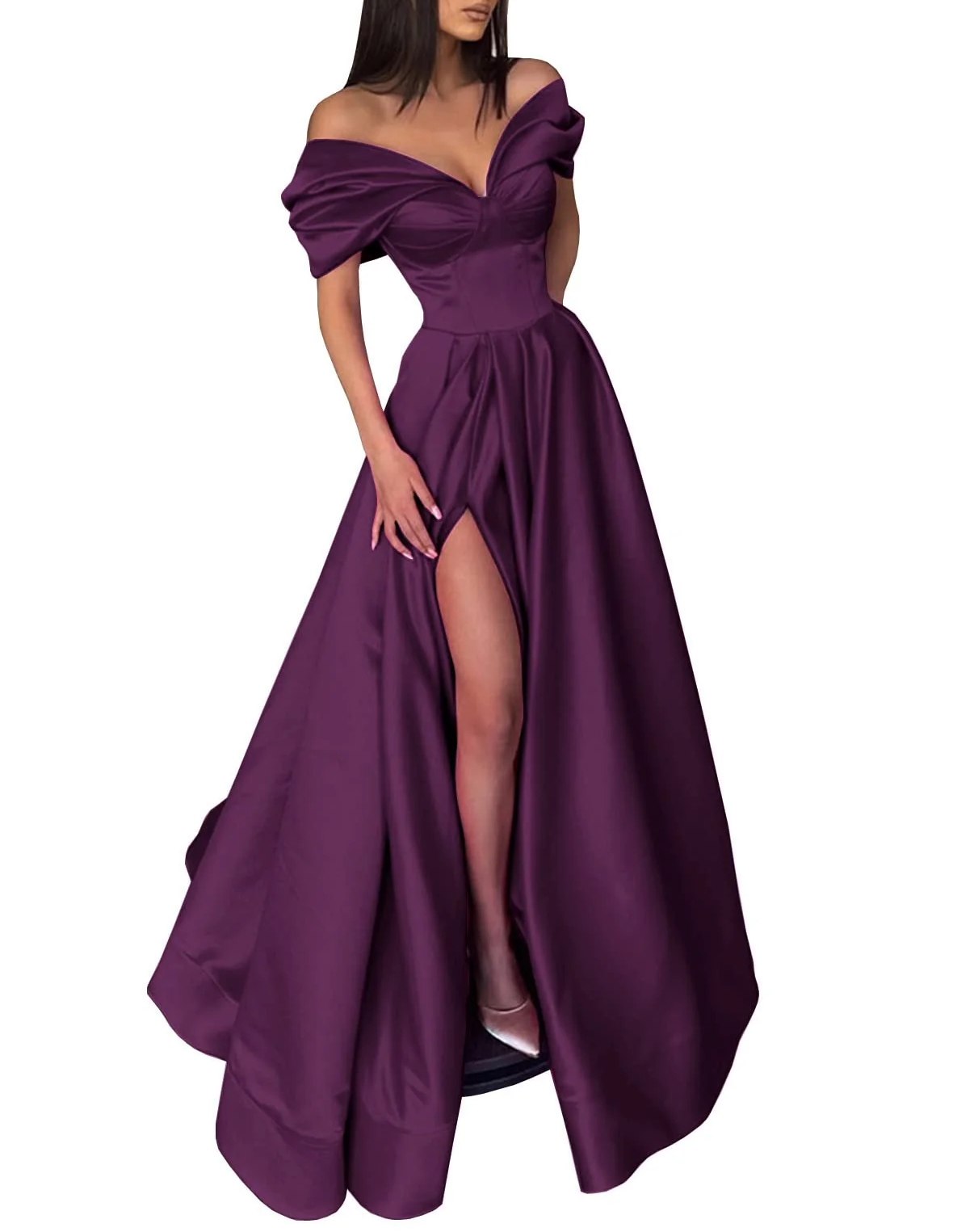A-Line/Princess Off-The-Shoulder Long Prom Dresses With Split Side Pure Color