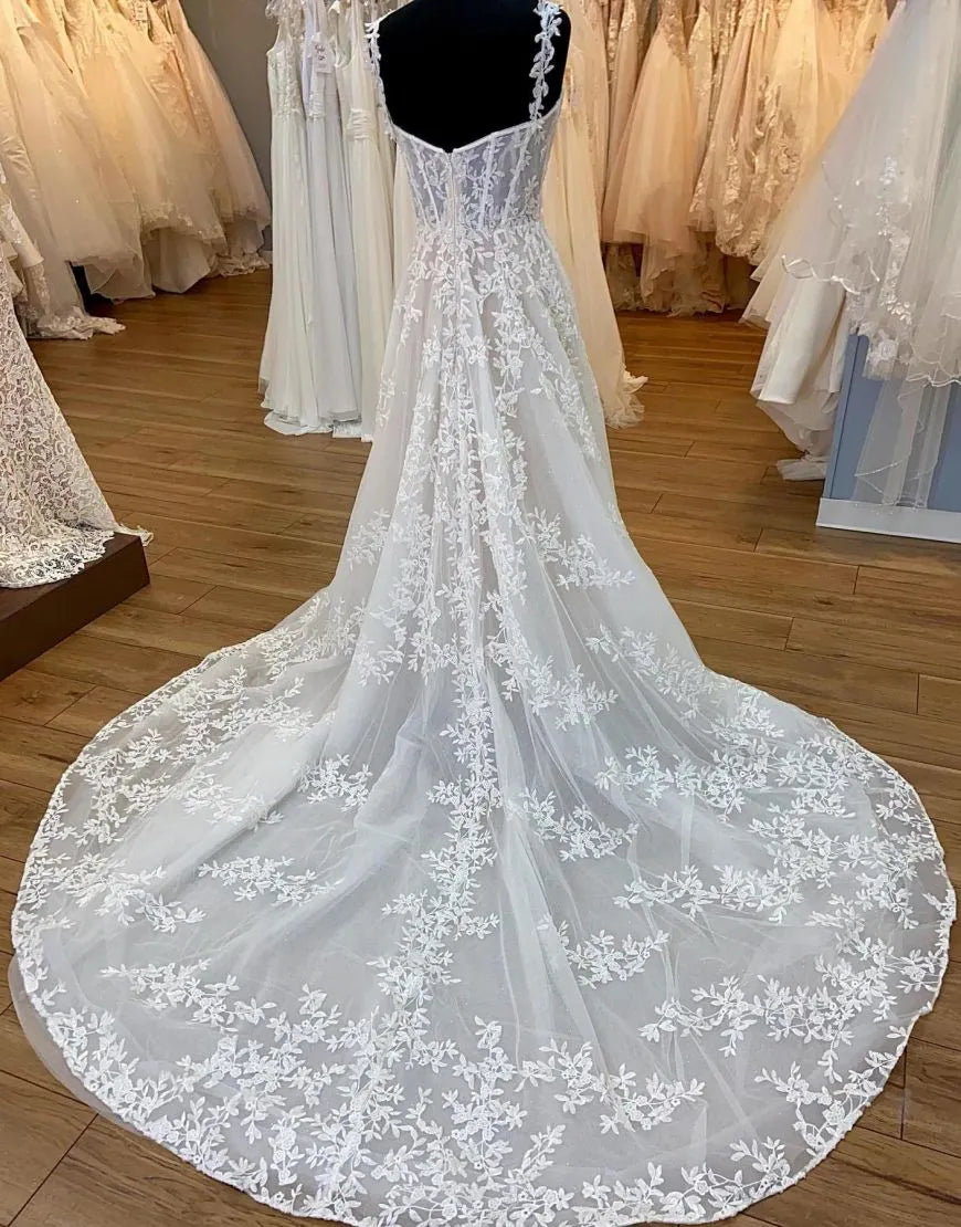 A-Line Spaghetti Straps Back Court Train Wedding Dress With Appliques Beautiful