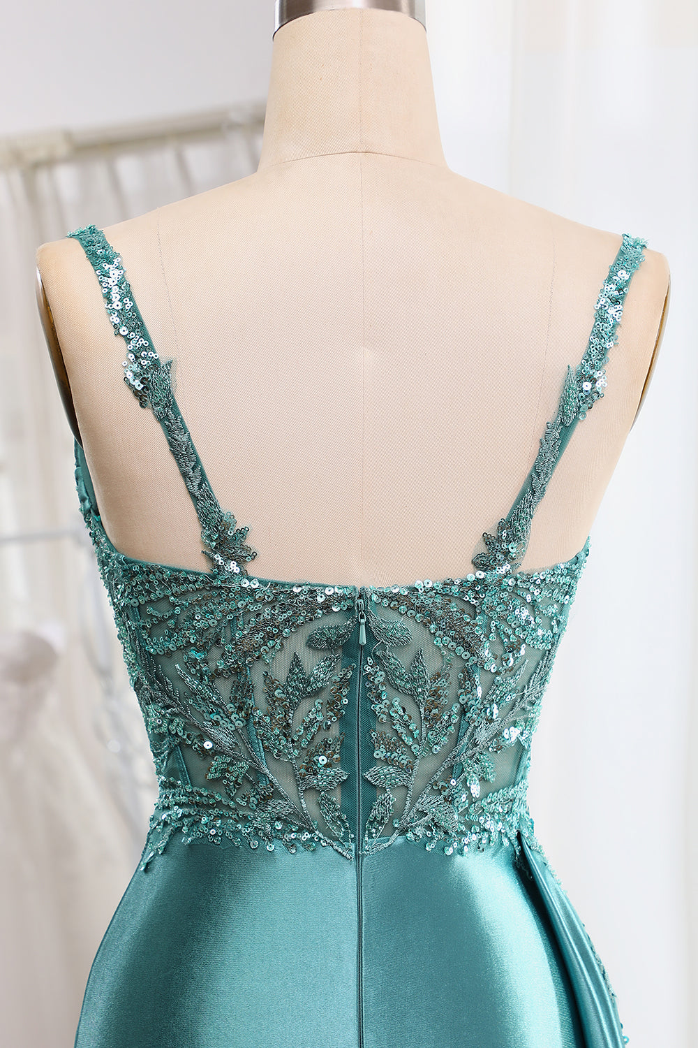 Mermaid V-Neck Satin Long Appliques Sequin Blue Prom Dress With Slit Sexy Evening Dresses
