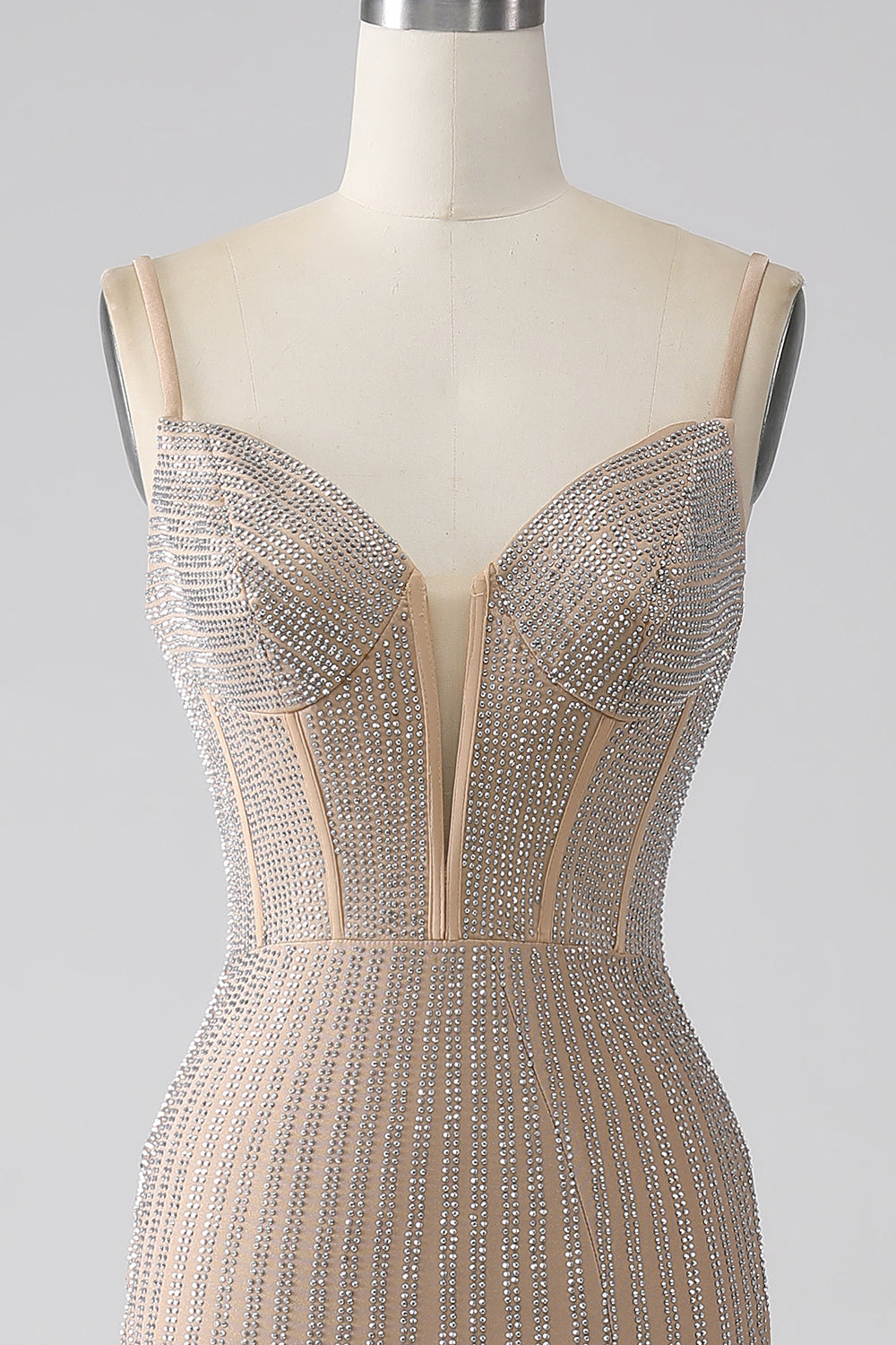 Sparkly Champagne Mermaid Spaghetti Straps Long Prom Dress with Slit Sexy Evening Dresses