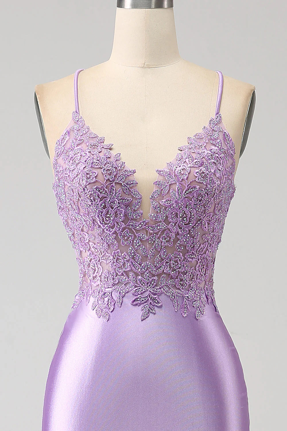 Mermaid Spaghetti Straps Long Prom Dress with Appliques Slit V-neck Pure Color