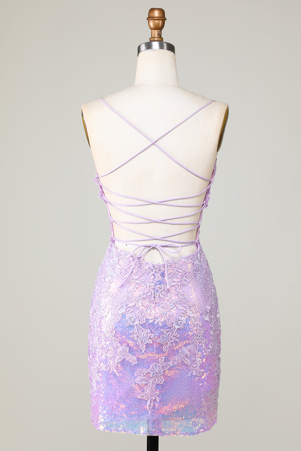 Glitter Tight Spaghetti Straps Purple Corset Homecoming Dress With Criss Cross Back Short