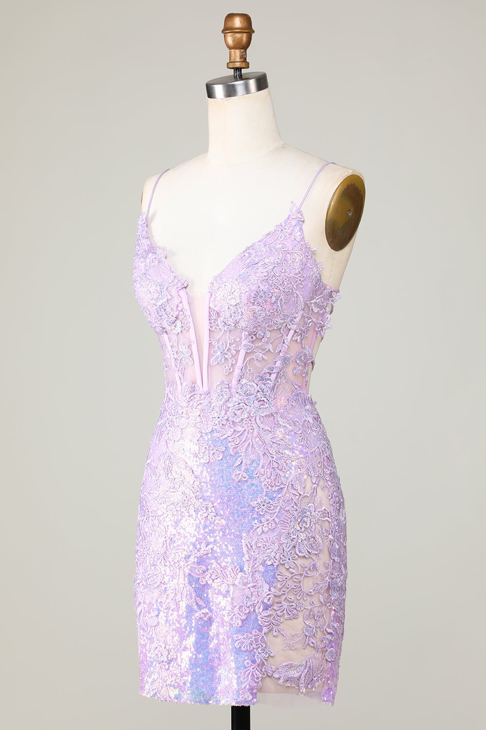 Glitter Tight Spaghetti Straps Purple Corset Homecoming Dress With Criss Cross Back Short