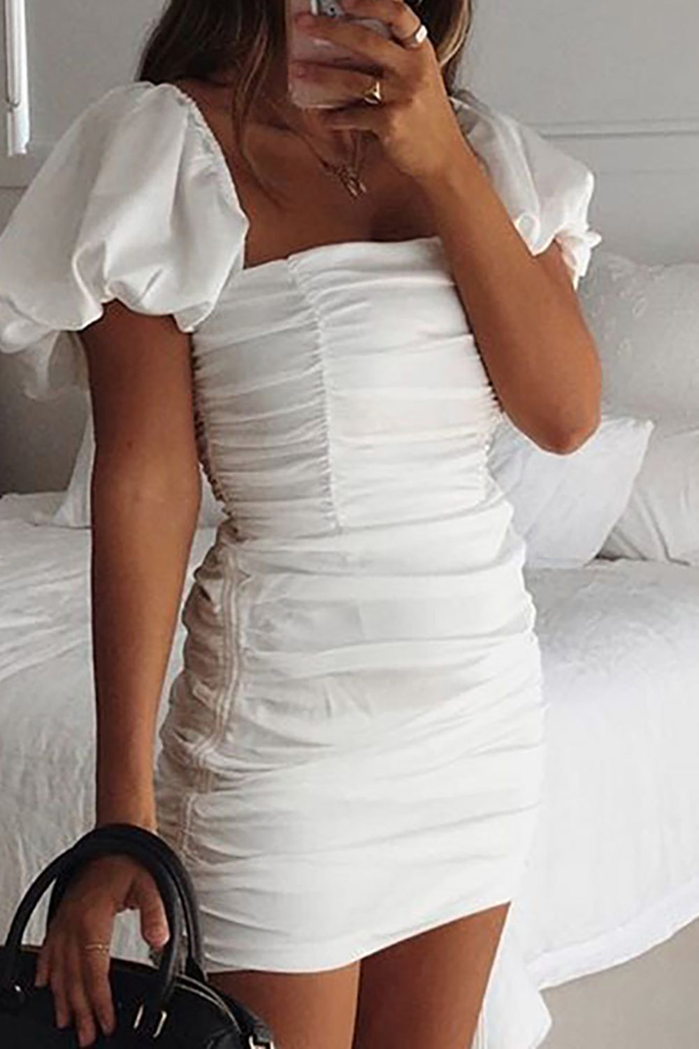 Bodycon Mini White Graduation Dress With Ruffles Short Pure Color