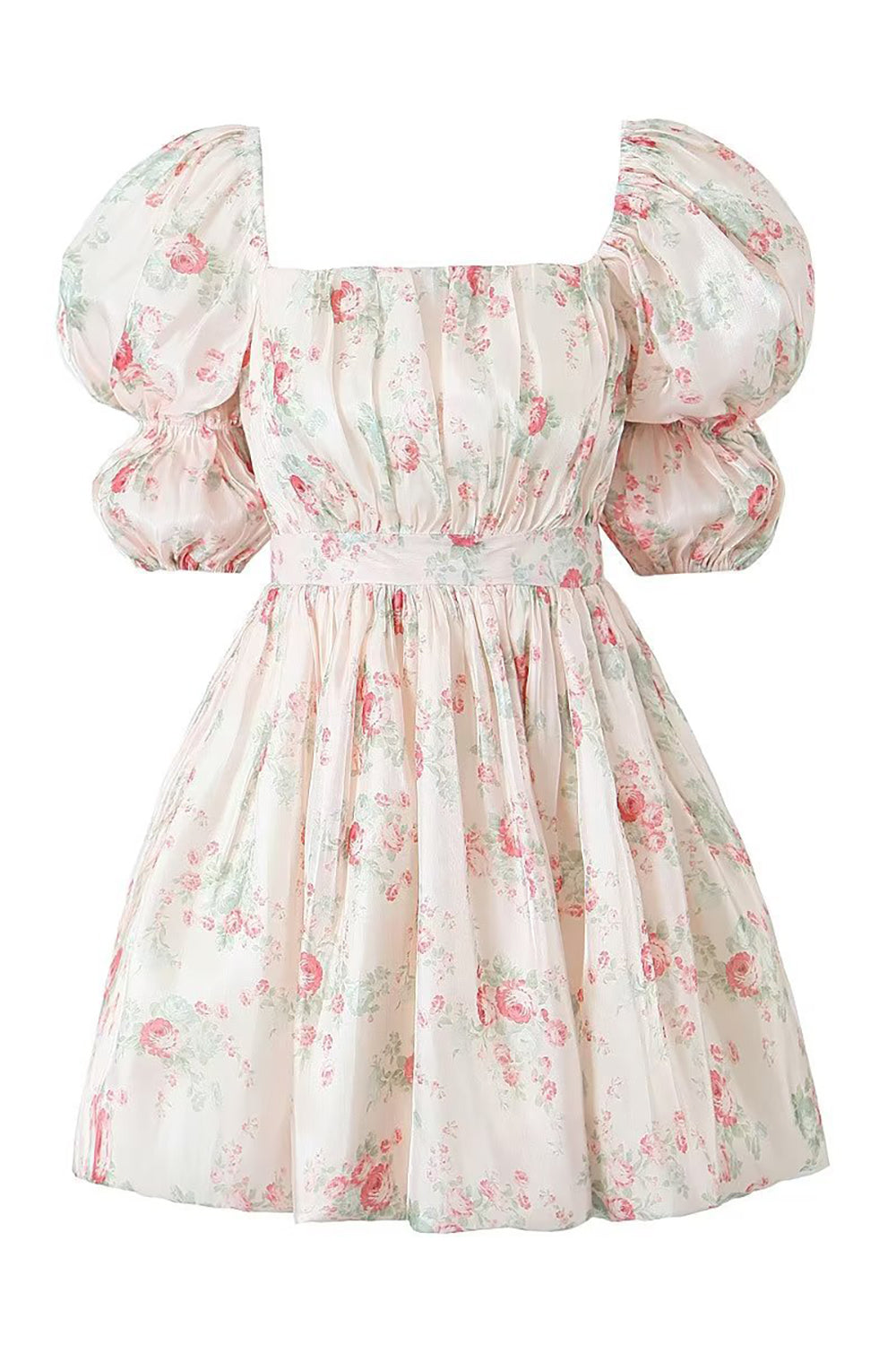 Floral Printed Light Pink A-Line Puff Sleeves Graduation Dress Short