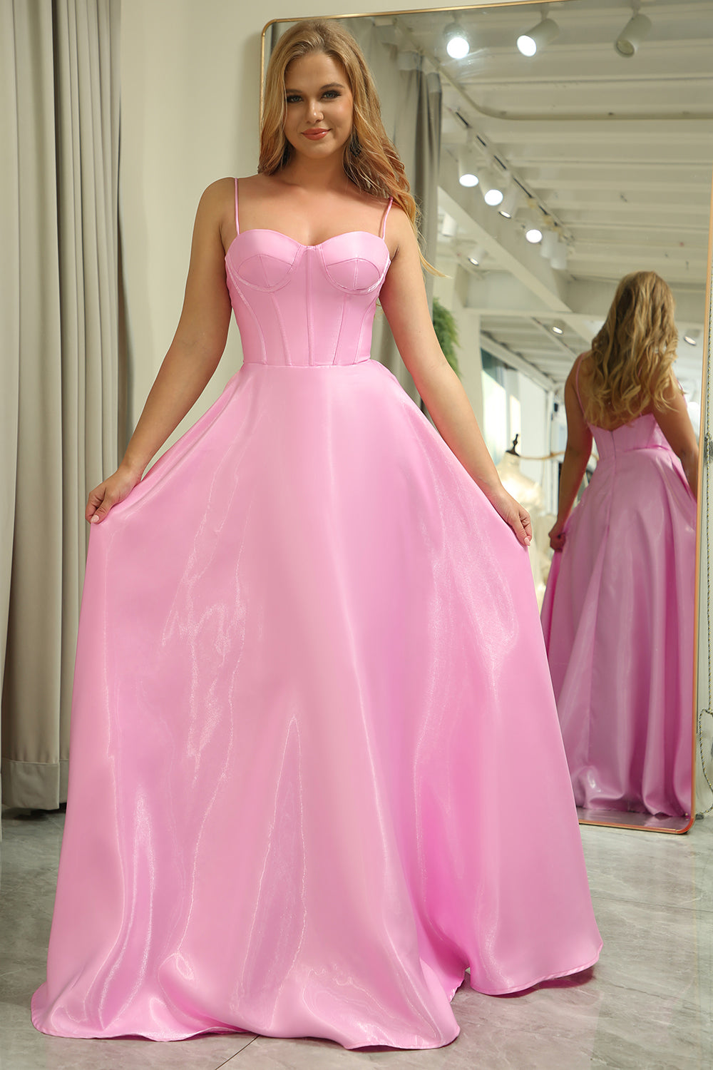 Glitter Pink A Line Spaghetti Straps Backless Long Corset Prom Dress Sexy