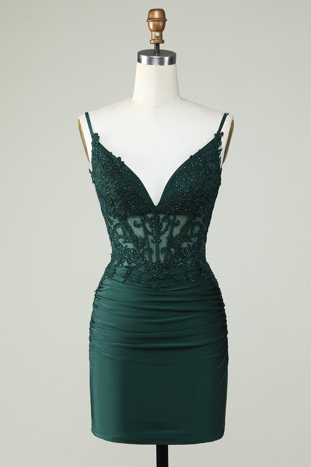 Spaghetti Straps Dark Green Corset Homecoming Dress With Appliques V-neck