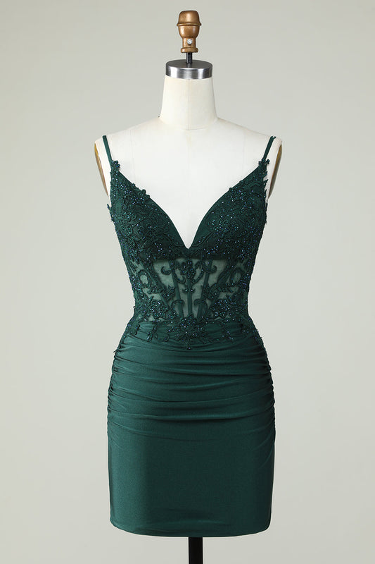 Spaghetti Straps Dark Green Corset Homecoming Dress With Appliques V-neck