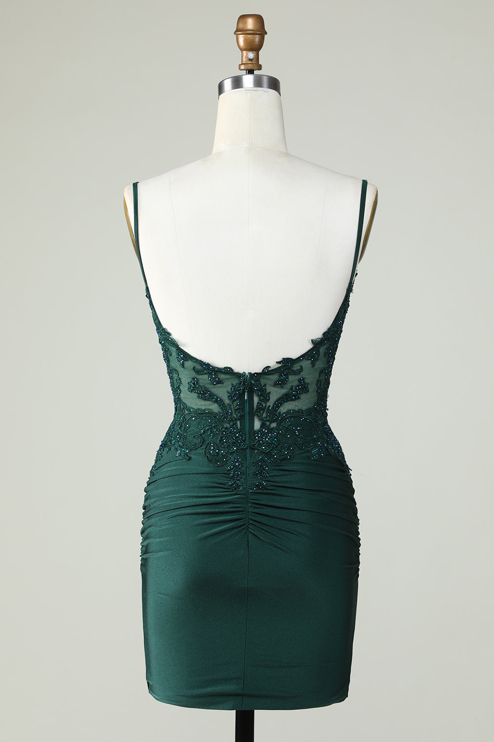 Spaghetti Straps Dark Green Corset Homecoming Dress With Appliques V-neck