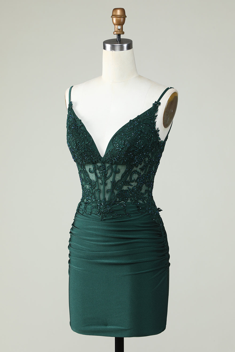 Spaghetti Straps Dark Green Corset Homecoming Dress With Appliques V-neck