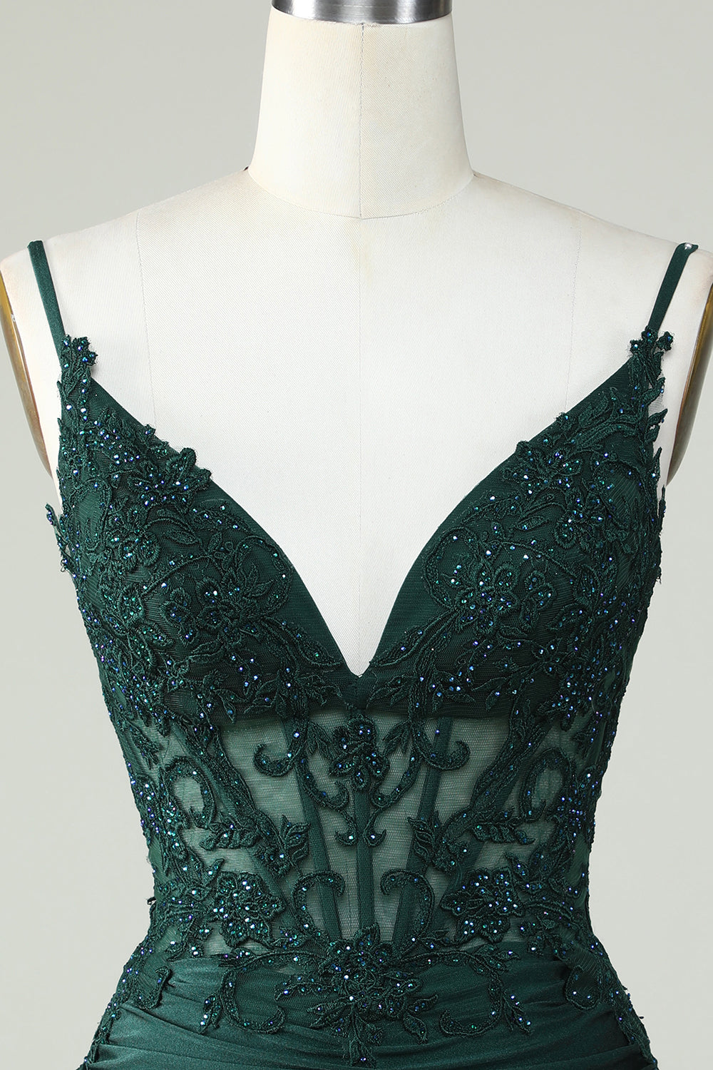 Spaghetti Straps Dark Green Corset Homecoming Dress With Appliques V-neck
