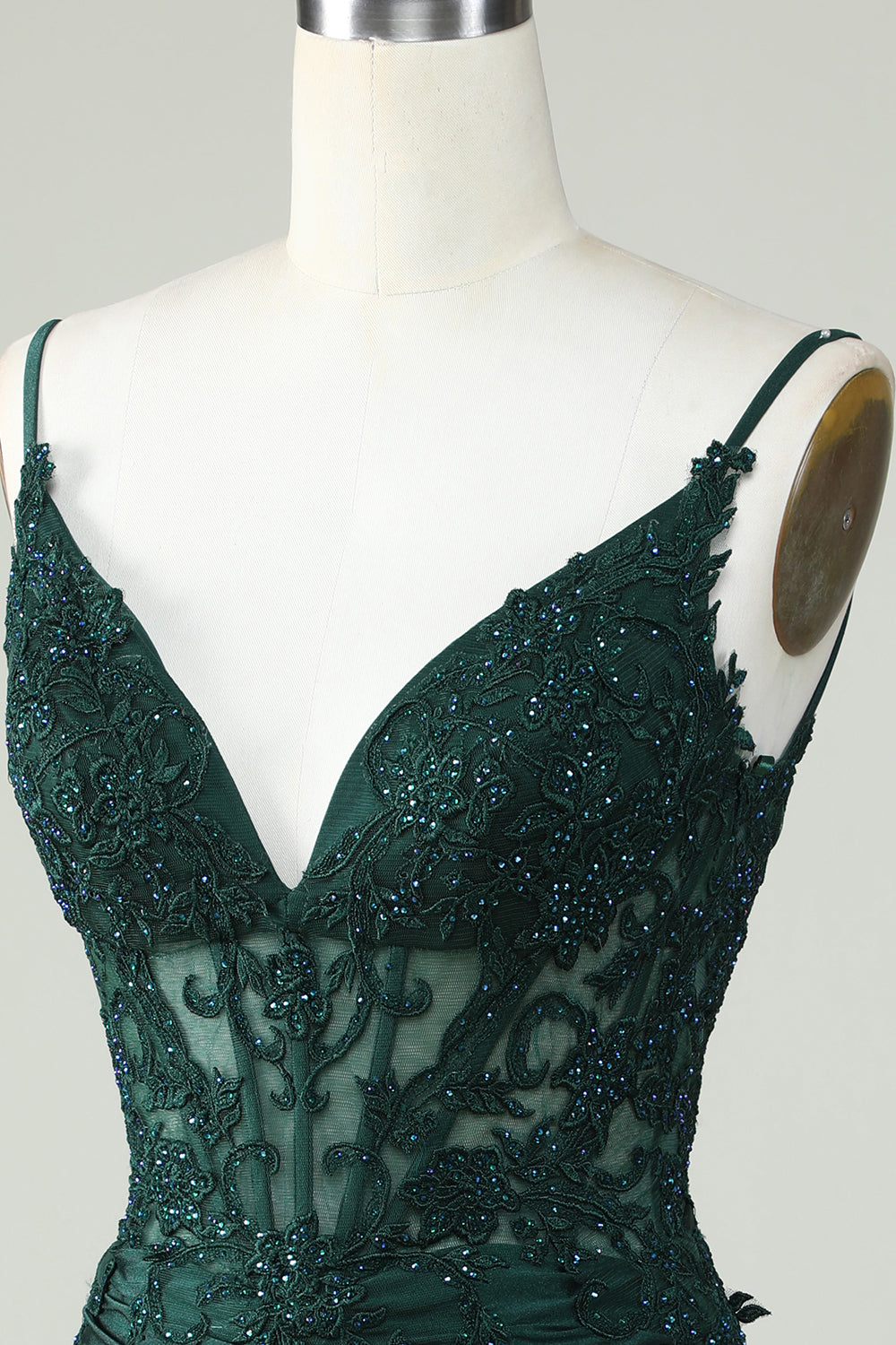 Spaghetti Straps Dark Green Corset Homecoming Dress With Appliques V-neck