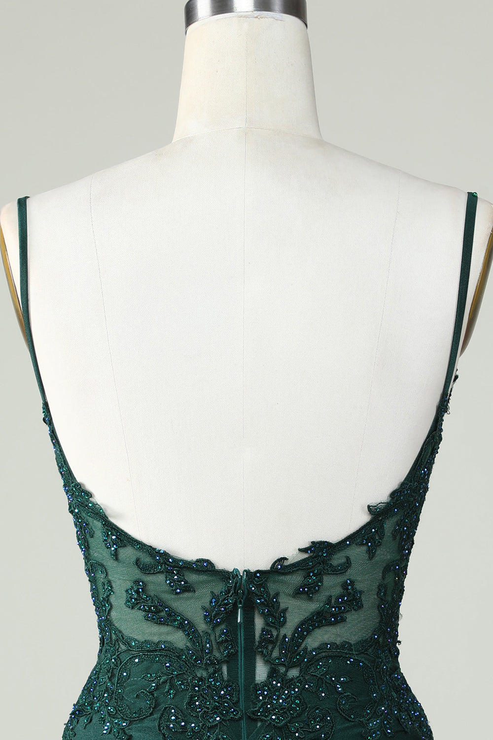 Spaghetti Straps Dark Green Corset Homecoming Dress With Appliques V-neck