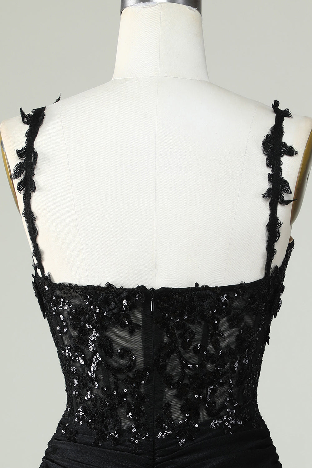 Spaghetti Straps Black Corset Tight Homecoming Dress With Appliques Sparkly