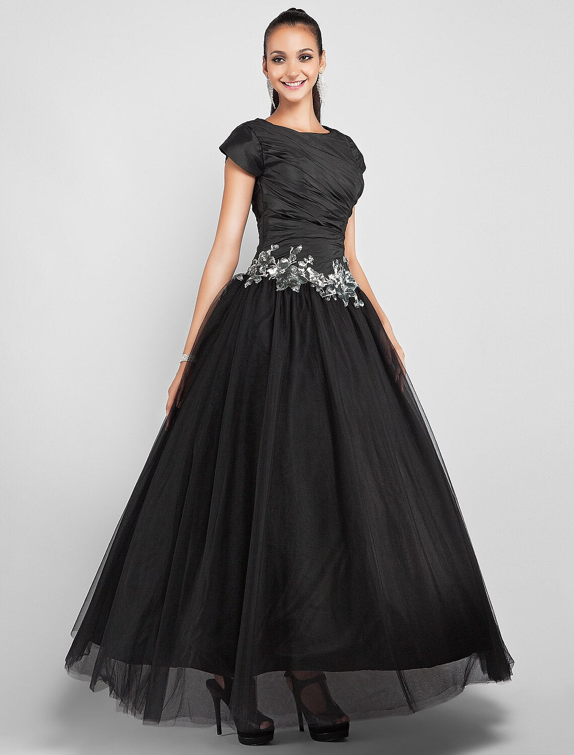 Ball Gown Little Black Dress Dress Prom Formal Evening Ankle Length Short Sleeve Jewel Neck Taffeta with Appliques