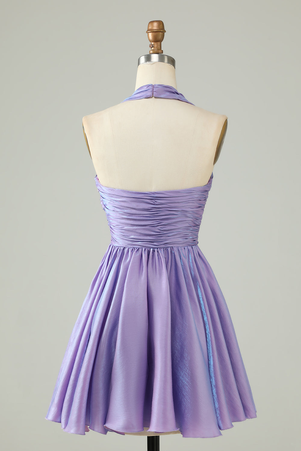 Purple A-Line Satin Halter Homecoming Dress With Pleated Short