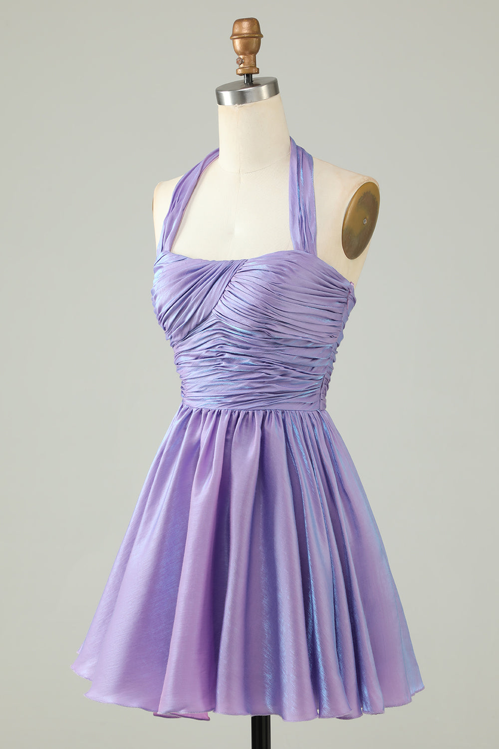 Purple A-Line Satin Halter Homecoming Dress With Pleated Short