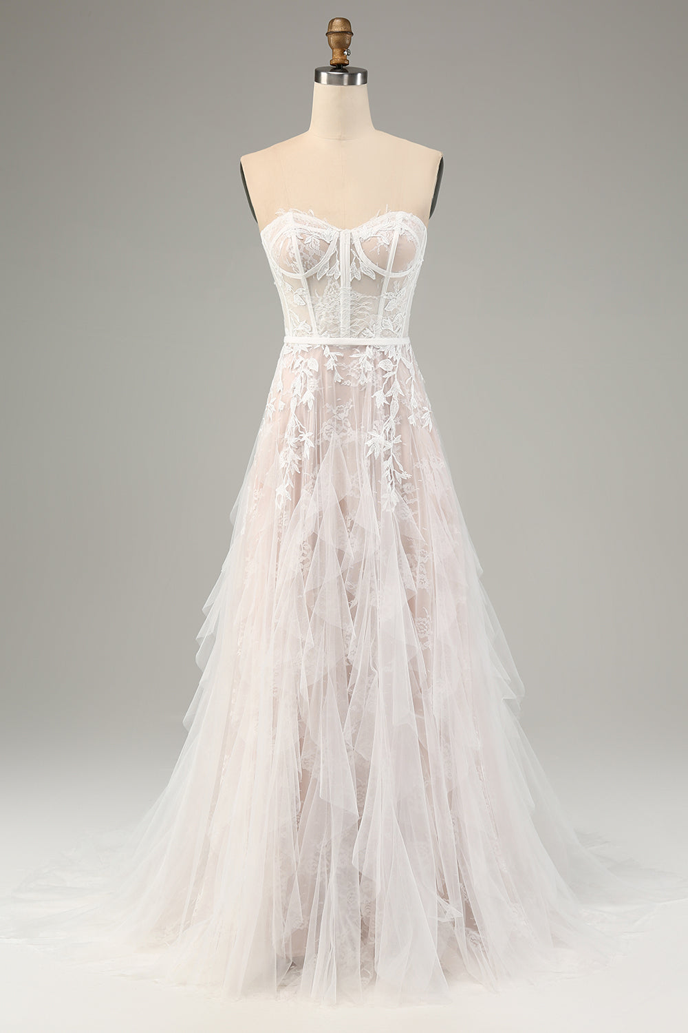A-Line Sweetheart Corset Long White Wedding Dress with Appliques Lace Off Shoulder