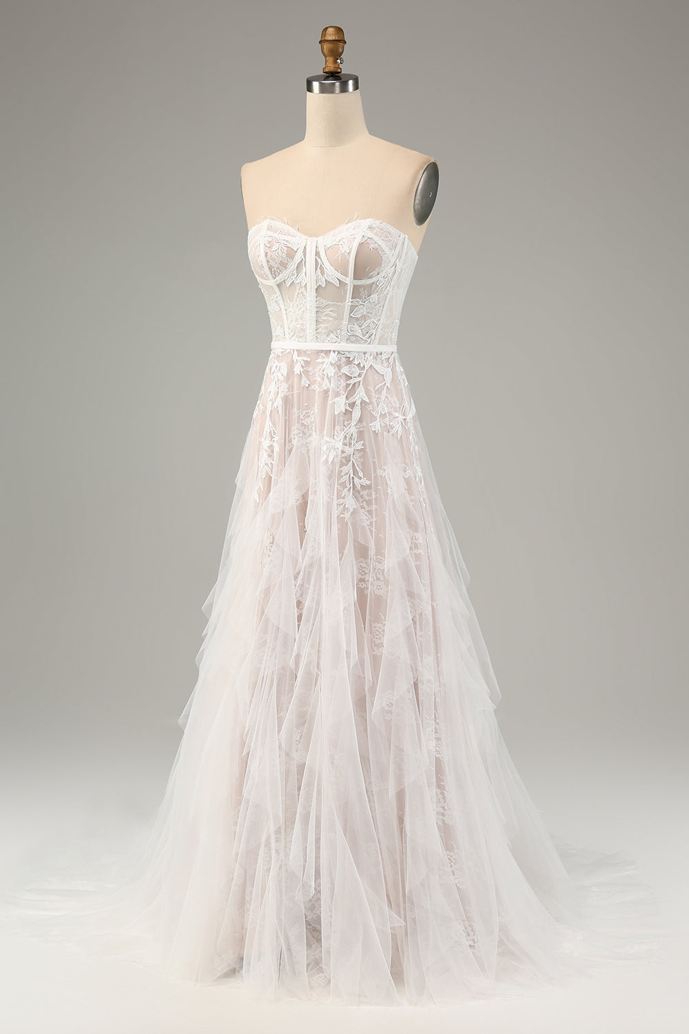 A-Line Sweetheart Corset Long White Wedding Dress with Appliques Lace Off Shoulder