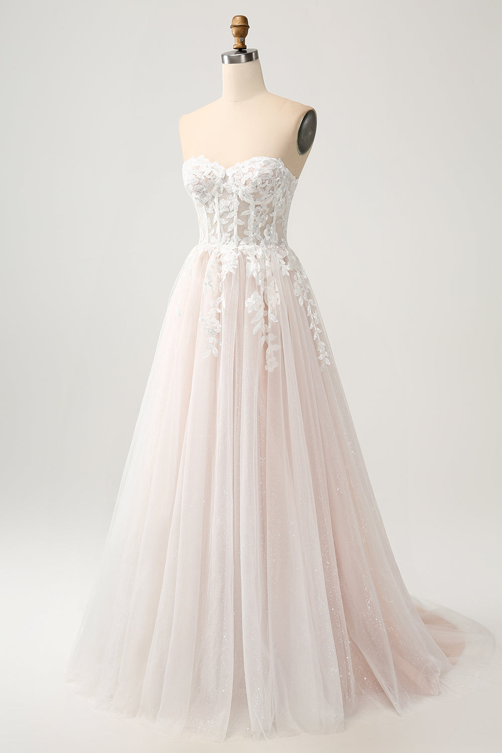 White A-Line Sweetheart Sparkly Sequin Corset Wedding Dress with Appliques Lace Off Shoulder