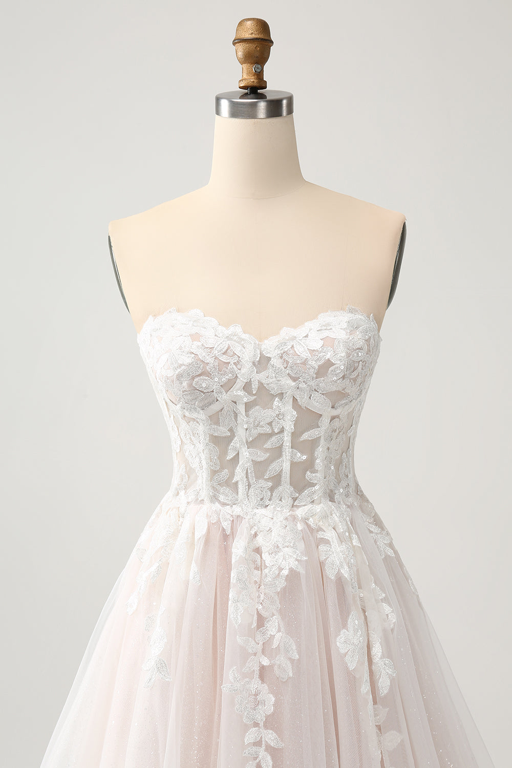 White A-Line Sweetheart Sparkly Sequin Corset Wedding Dress with Appliques Lace Off Shoulder