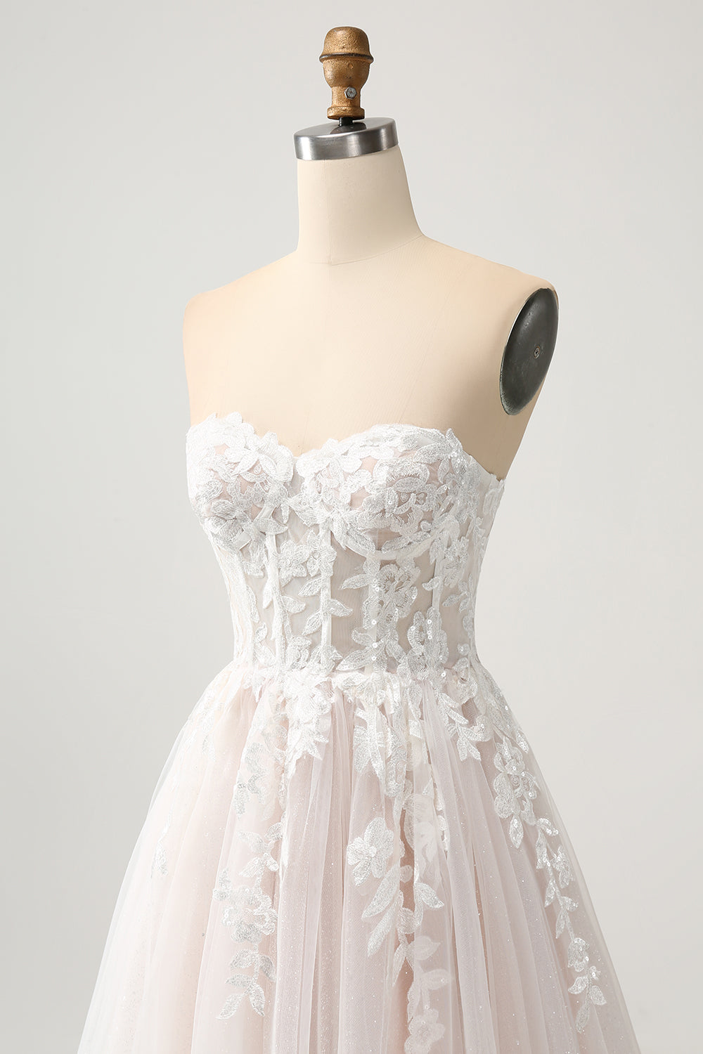 White A-Line Sweetheart Sparkly Sequin Corset Wedding Dress with Appliques Lace Off Shoulder