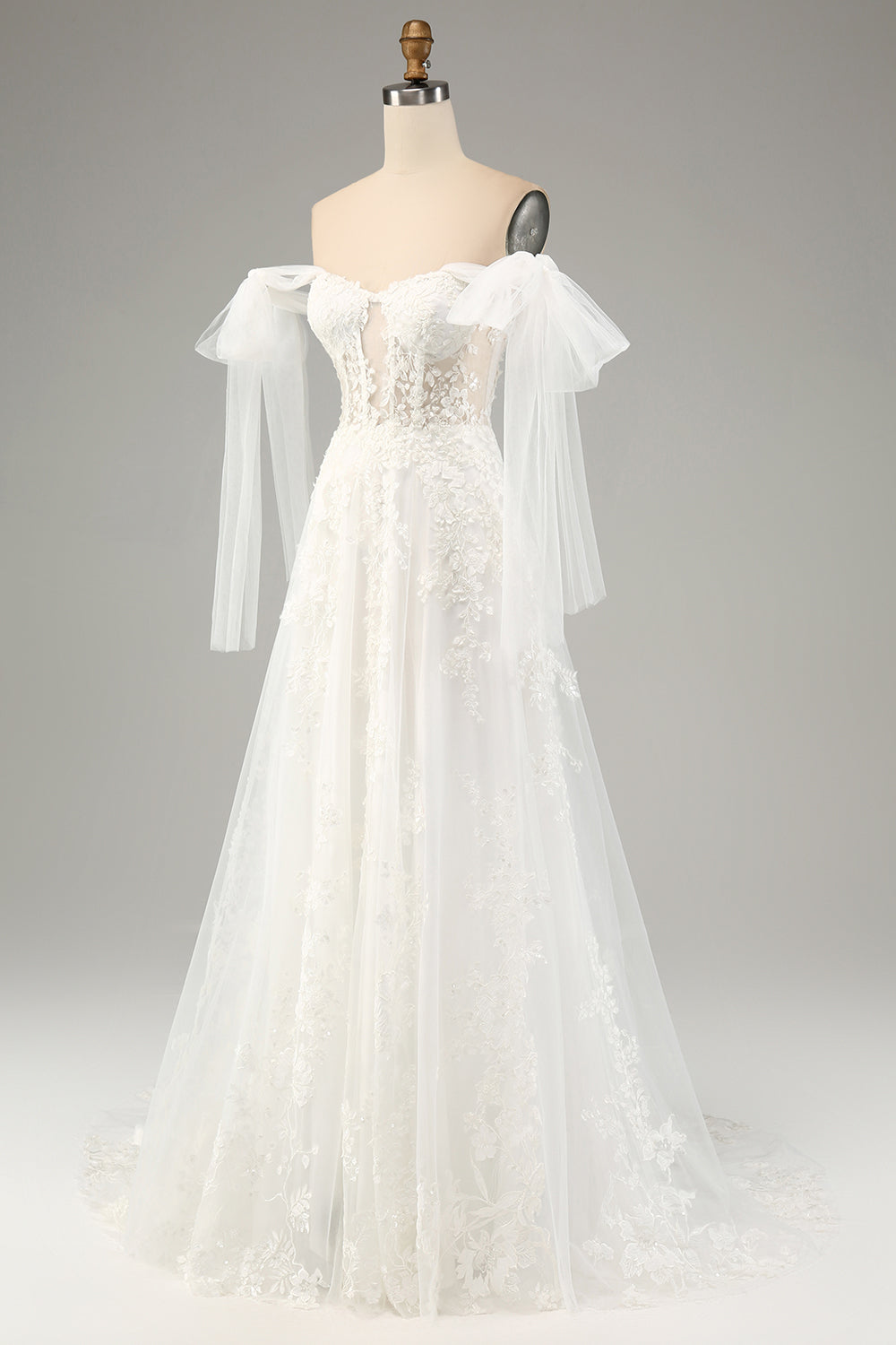 White A-Line Off The Shoulder Corset Wedding Dress with Appliques Lace Sexy