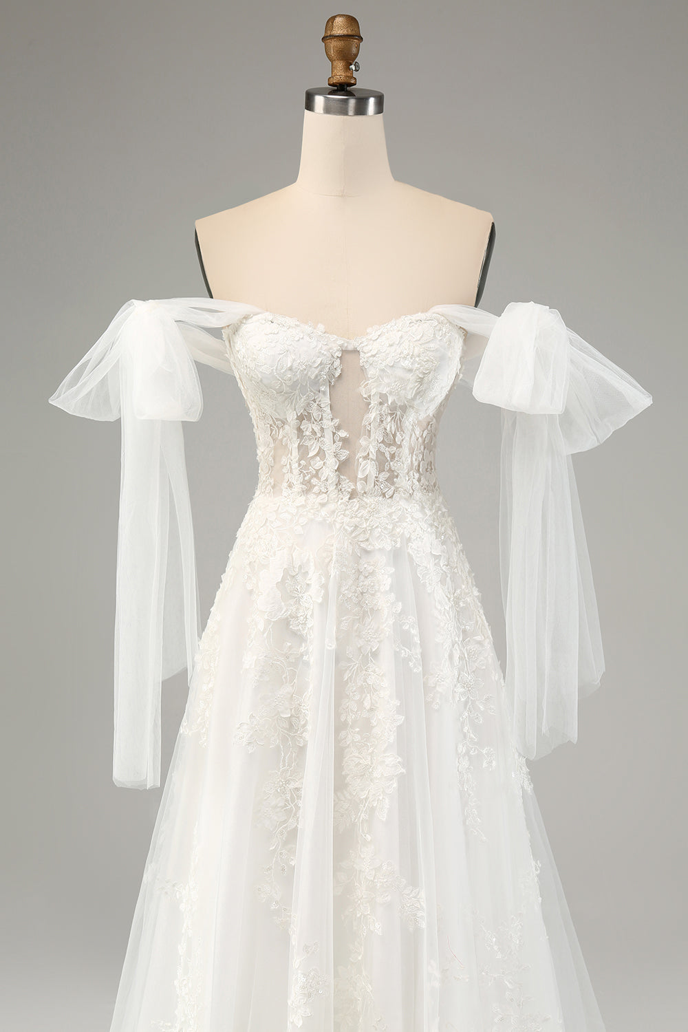 White A-Line Off The Shoulder Corset Wedding Dress with Appliques Lace Sexy