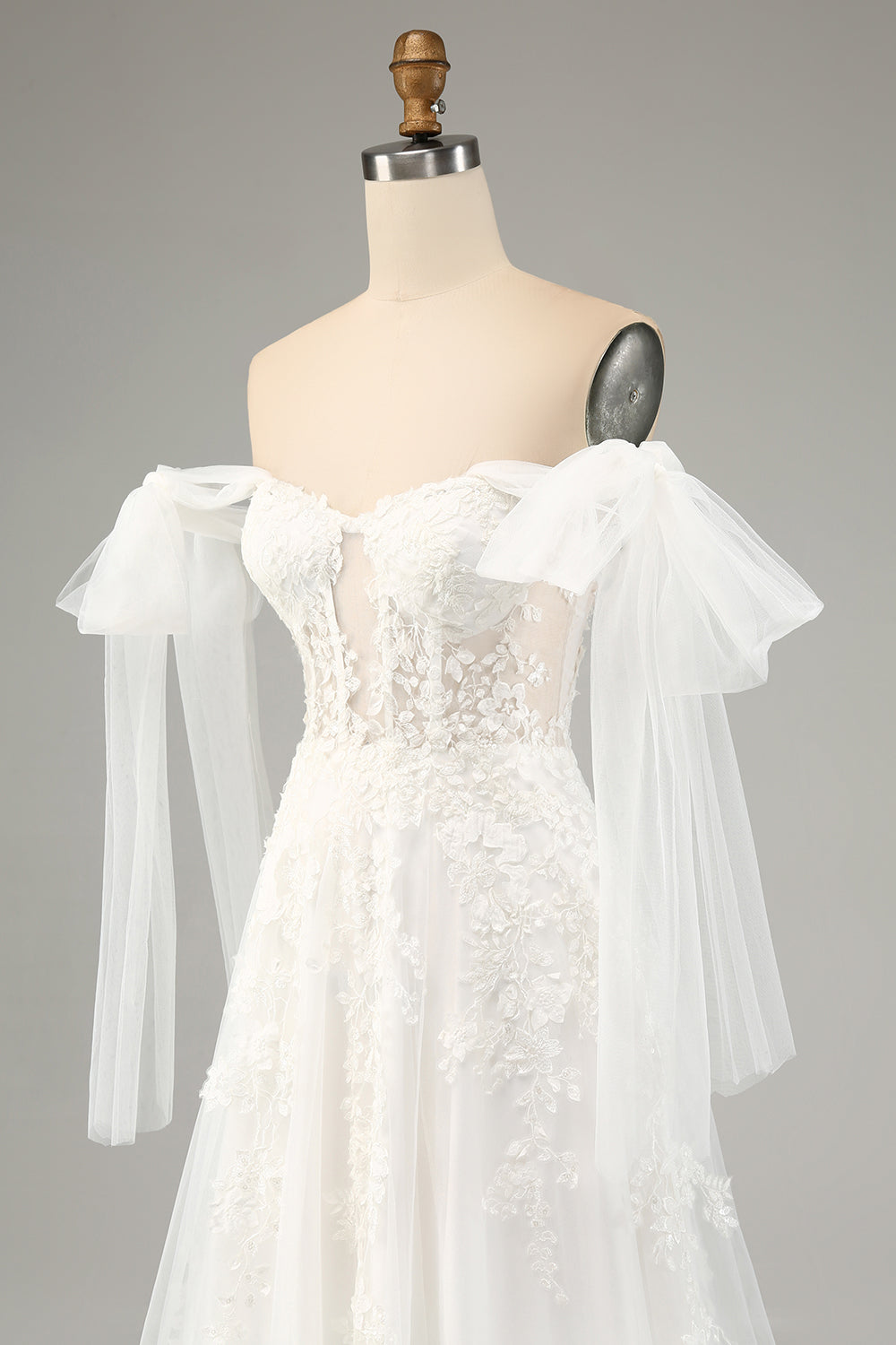 White A-Line Off The Shoulder Corset Wedding Dress with Appliques Lace Sexy