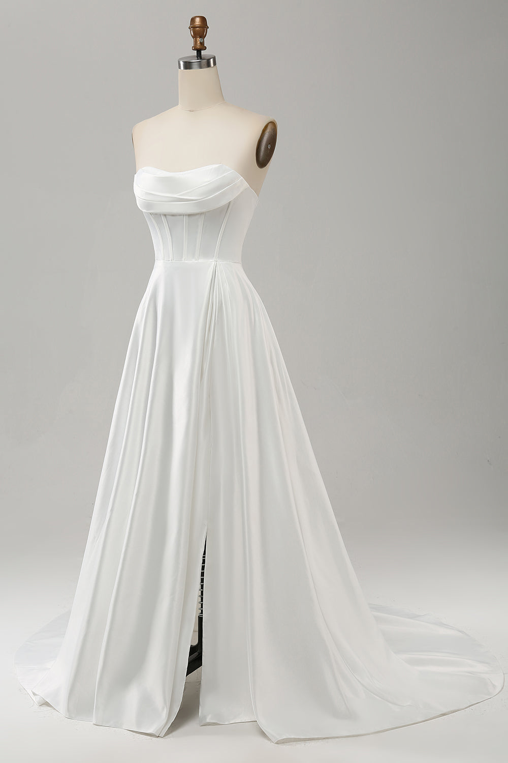 Elegant White A Line Strapless Pleated Sweep Train Corset Wedding Dress With Split Off Shoulder
