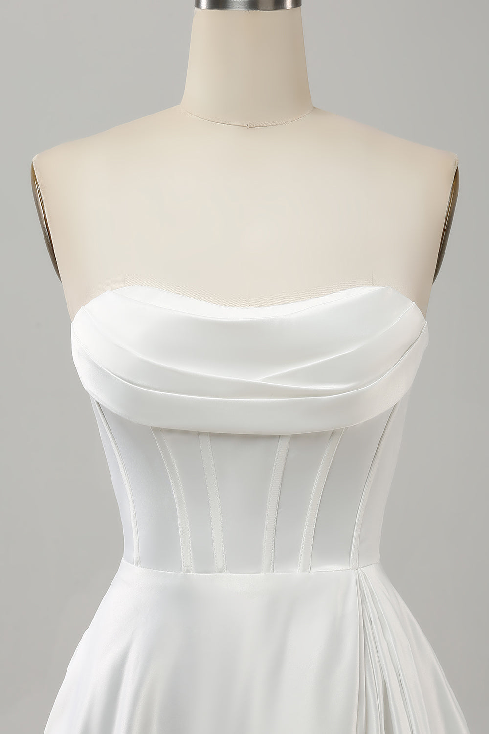 Elegant White A Line Strapless Pleated Sweep Train Corset Wedding Dress With Split Off Shoulder