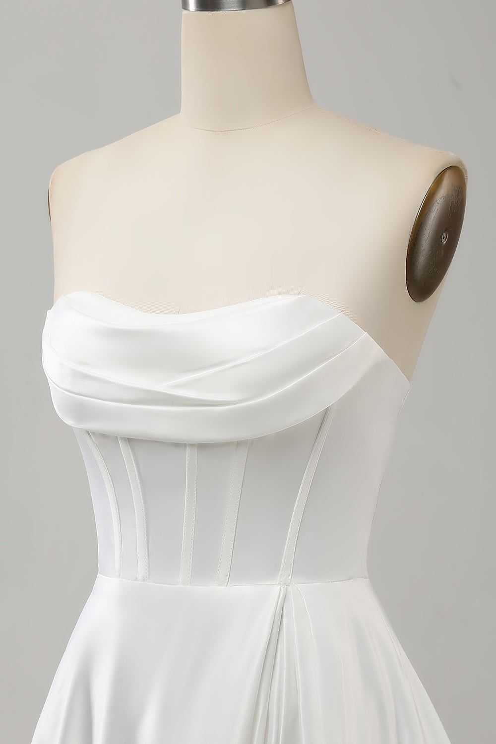 Elegant White A Line Strapless Pleated Sweep Train Corset Wedding Dress With Split Off Shoulder
