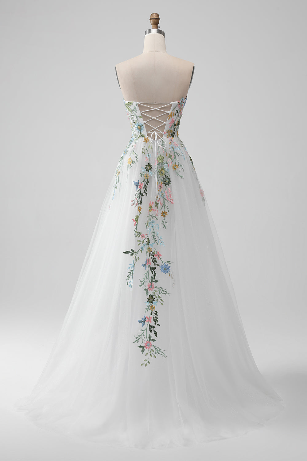 White A Line Strapless Front Slit Tulle Corset Wedding Dress With Embroidery Off Shoulder With Flower