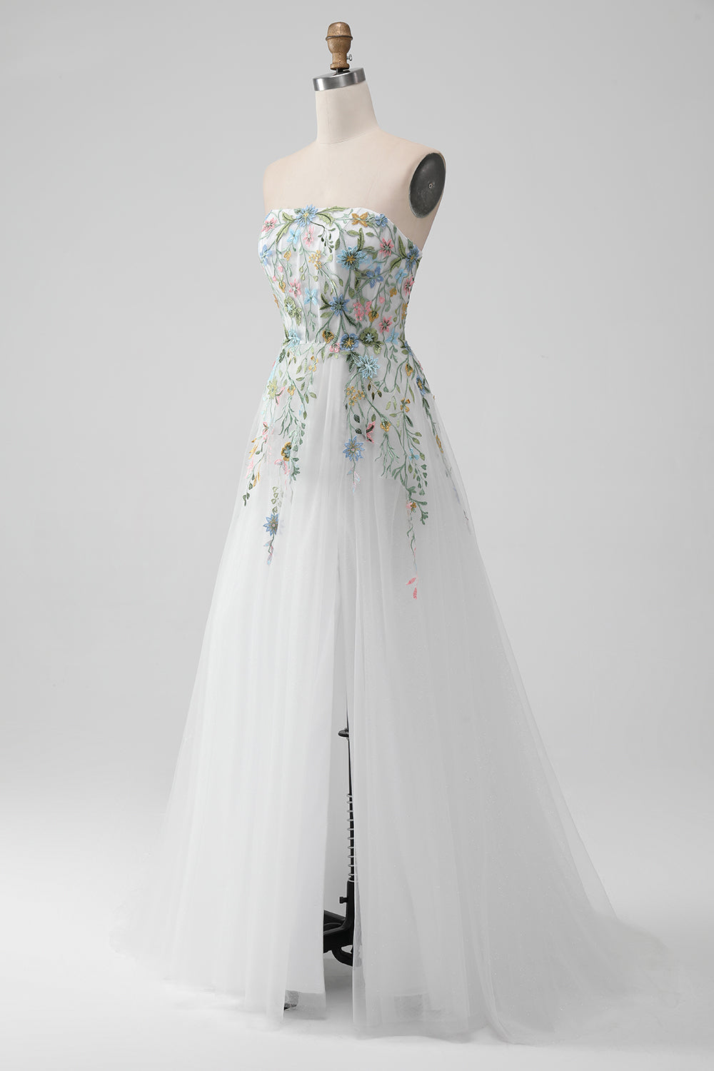 White A Line Strapless Front Slit Tulle Corset Wedding Dress With Embroidery Off Shoulder With Flower