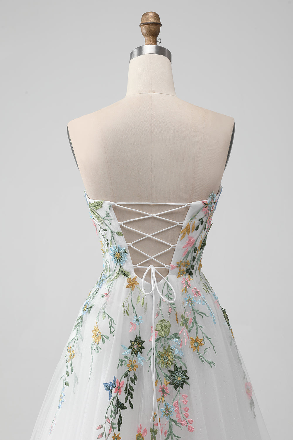White A Line Strapless Front Slit Tulle Corset Wedding Dress With Embroidery Off Shoulder With Flower