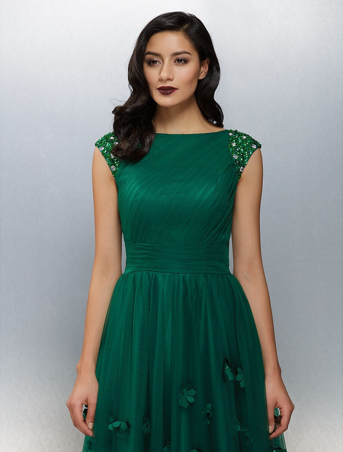 A-Line Floral Dress Wedding Guest Floor Length Short Sleeve Boat Neck Tulle Evening Dresses