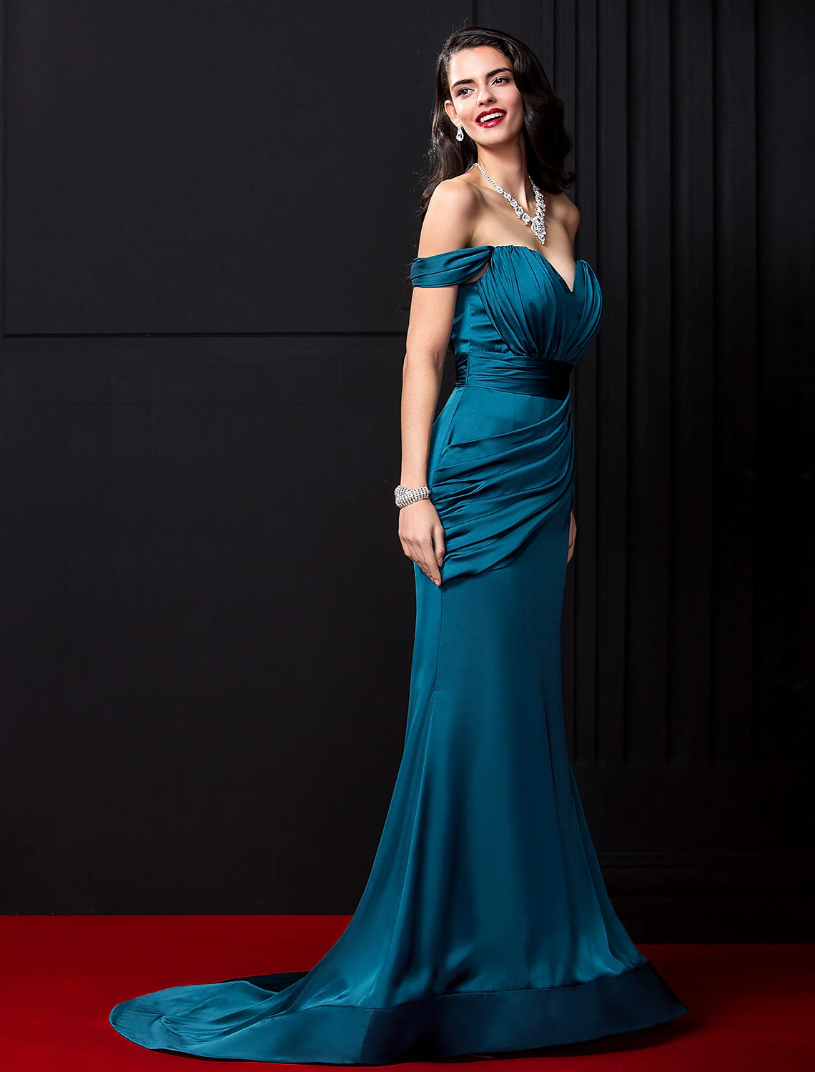 Mermaid / Trumpet Sexy Dress Engagement Court Train Sleeveless Off Shoulder Satin Chiffon with Ruched